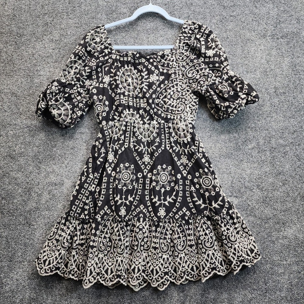 Hayden Los Angeles Women's Embroidered Eyelet Boho Smocked Puff Sleeve Dress S - Picture 7 of 8